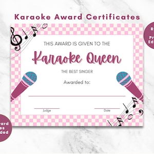 18 KARAOKE AWARD CERTIFICATES | Pink Checkered | Fun Karaoke Night Bundle | Editable Canva | Ready to Print pdf | Karaoke Party Templates