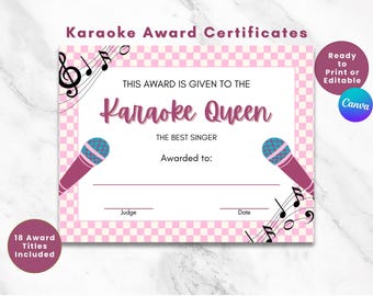 18 KARAOKE AWARD CERTIFICATES | Pink Checkered | Fun Karaoke Night Bundle | Editable Canva | Ready to Print pdf | Karaoke Party Templates