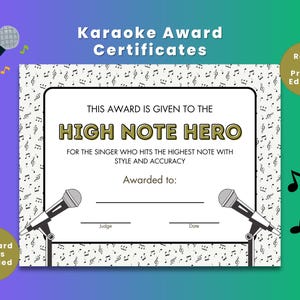18 KARAOKE AWARD CERTIFICATES | Competition | Fun Karaoke Night Bundle | Editable Canva | Ready to Print pdf | Karaoke Party Templates