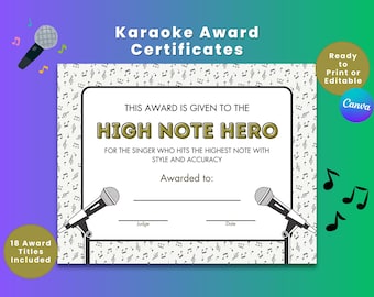 18 KARAOKE AWARD CERTIFICATES | Competition | Fun Karaoke Night Bundle | Editable Canva | Ready to Print pdf | Karaoke Party Templates