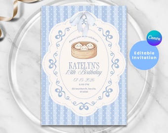 Dumpling Birthday Invitation, Vintage Stripe Blue Invite, Little Dumpling, Asian Themed Party, Kids Food Theme Party, Adult Invitation
