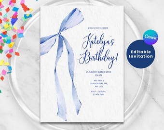 BOW BIRTHDAY INVITATION | Navy Blue Birthday Invite | Coquette Birthday | Watercolor Aesthetic | Editable Canva | Simple Pretty Party Theme