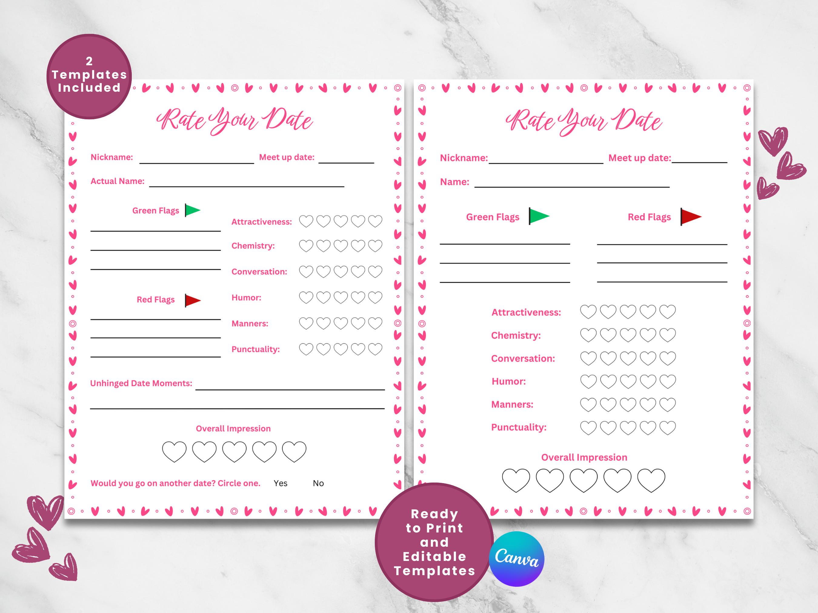 RATE YOUR DATE Templates | Ready to Print Date Evaluation | Dating ...