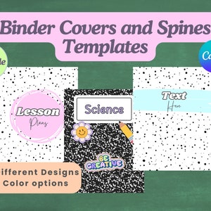 Puede incluir: Plantillas de cubiertas y lomos de carpetas con el texto "Binder Covers and Spines Templates". Los diseños incluyen "Lesson Plans", "Science" y "Text Here". La imagen también incluye el texto "Editable", "Canva", "3 Different Designs" y "6 Color options".