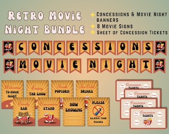 Retro MOVIE NIGHT PARTY bundle | movie banner | movie tickets | movie signs | concessions banner | theater party | family movie decorations