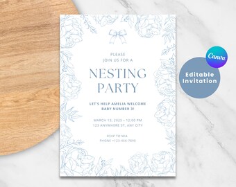 FLORAL NESTING PARTY Invitation | Prepare for Baby Invite | Bless the Nest | Editable Canva | Surprise Nesting Flower | Baby Shower Party