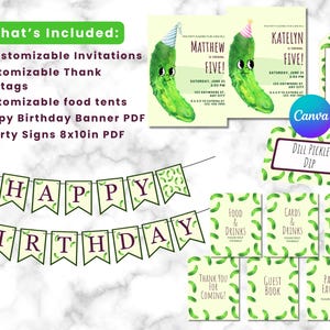 PICKLE BIRTHDAY PARTY Bundle | Dill Pickle Invitation | Pickle Food Tents | Name Tents | Thank You tags | Banner | Party Signs | Dill Party