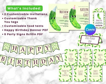 PICKLE BIRTHDAY PARTY Bundle | Dill Pickle Invitation | Pickle Food Tents | Name Tents | Thank You tags | Banner | Party Signs | Dill Party