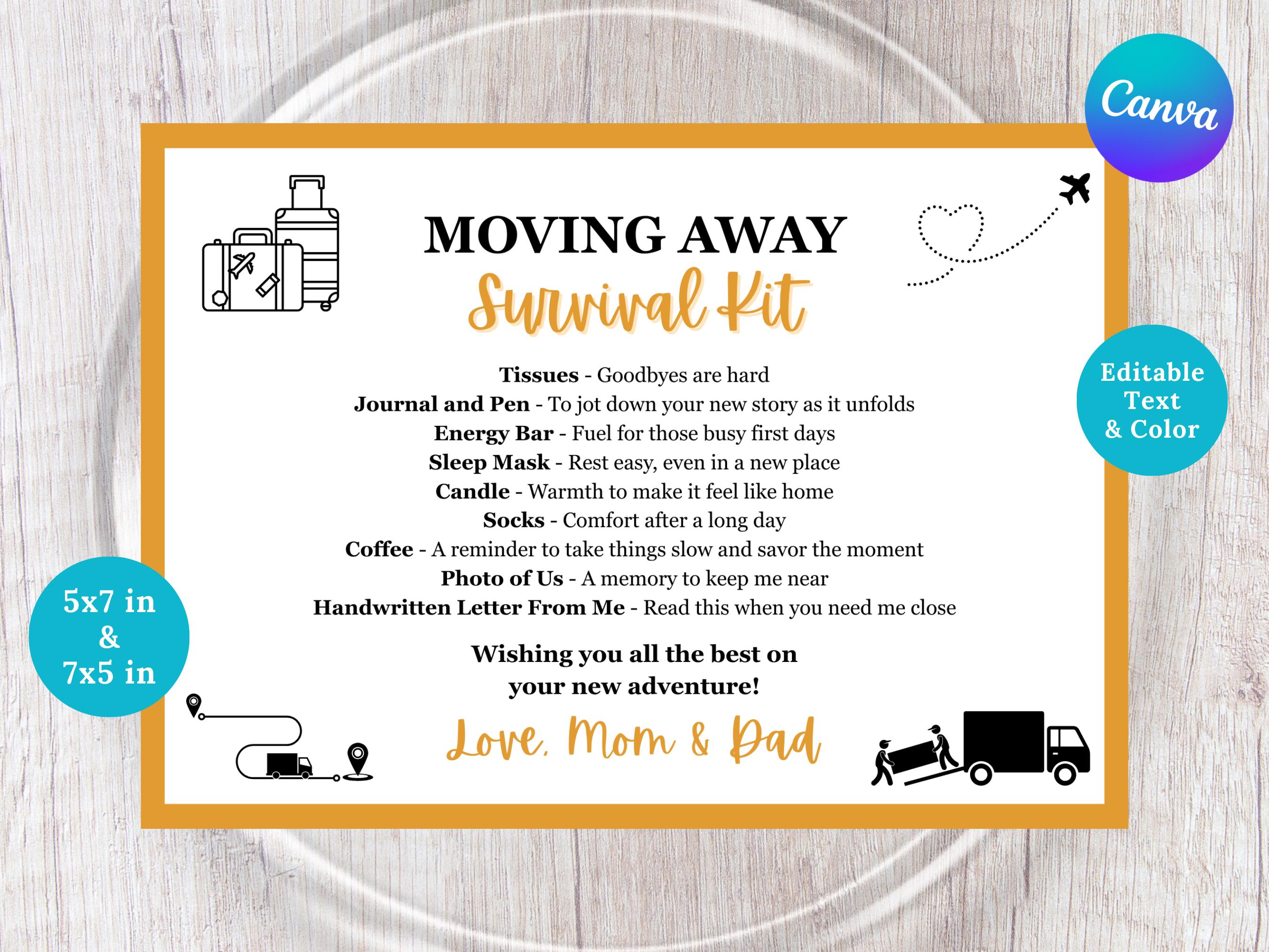 Moving Away Survival Kit Card Goodbye Gift Card Template Farewell Moving Gift Editable Canva Leaving Survival Pack Card