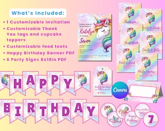 UNICORN BIRTHDAY PARTY bundle | Unicorn Invitation | Food and Name Tents | Thank You tags | Rainbow Birthday Banner | Party Signs | Cupcake