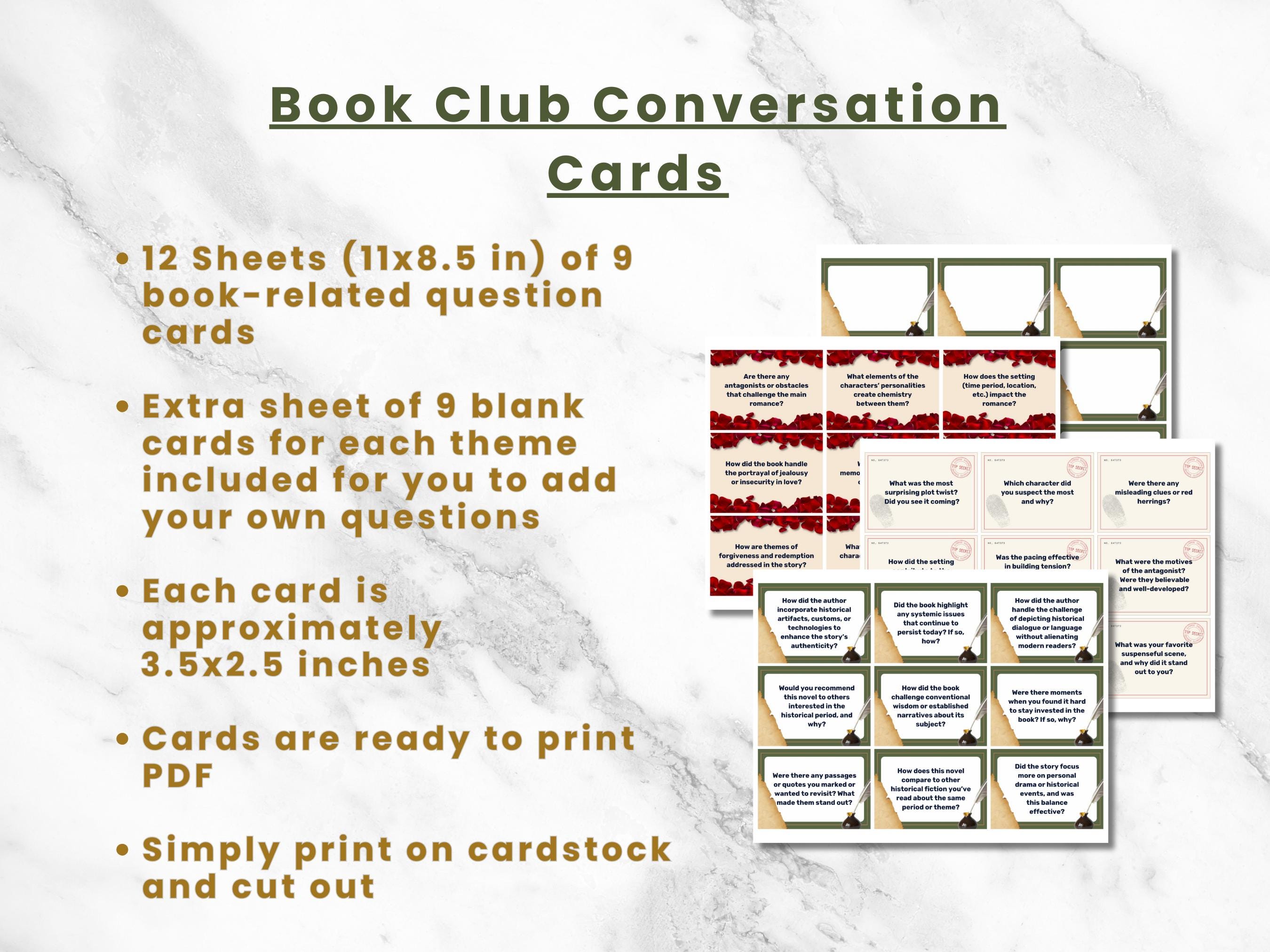 108 THEMED BOOK Club Conversation Cards | Bookclub Ice Breaker ...