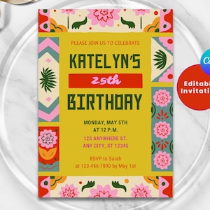 FIESTA BIRTHDAY Invitation | Adult Birthday Invites | Mexican Theme Party | Editable Canva | Kids Fiesta Party Invite | Girl Birthday