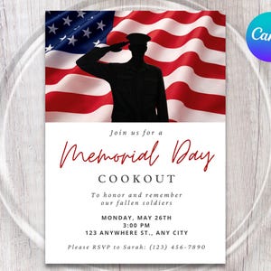 MEMORIAL DAY Invitation | Cookout Invite | Patriotic Party | Editable Canva | Backyard BBQ | Barbeque | Summer Kick Off | Printable
