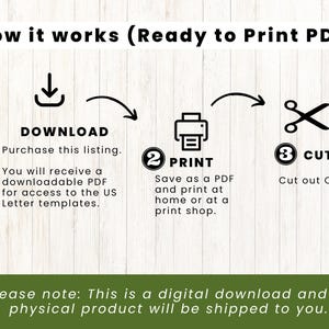 May include: A diagram showing how to download, print, and cut out printable cards. The text reads "How it works (Ready to Print PDF)". The steps are numbered 1, 2, and 3. Step 1 is "Download", step 2 is "Print", and step 3 is "Cut".