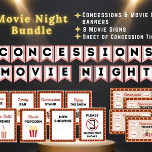 MOVIE NIGHT party bundle | movie banner | movie snack tickets | movie signs | concessions banner | theater party | family movie PDFs
