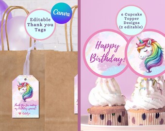 UNICORN BIRTHDAY PARTY Danke Geschenkanhänger und Cupcake Toppers | Mädchen Party Dekoration | Regenbogen Geburtstag Cupcake Toppers | Einhorn Party Dekoration
