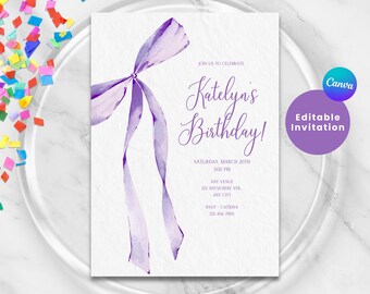 BOW BIRTHDAY INVITATION | Purple Birthday Invite | Coquette Birthday | Watercolor Aesthetic | Editable Canva | Simple Pretty Party Theme