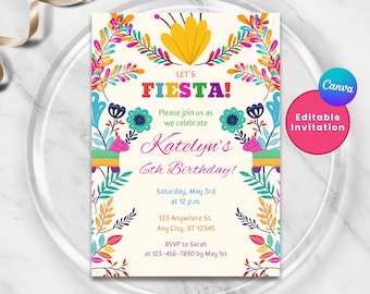 Puede incluir: Una invitación colorida para una fiesta de cumpleaños de 6 años con temática de fiesta. La invitación presenta un diseño floral con una piñata y el texto "Let's Fiesta!"  "Katelyn's 6th Birthday!"  "Saturday, May 3rd at 12 p.m."  "123 Anywhere St. Any City, ST 12345"  "RSVP to Sarah at 123-456-7890 by May 1st"