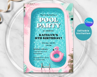 Summer Pool Party Invitation, Pool Birthday Party, Splash Bash, Graduation Kids Pool Party, Canva Template, Editable, end-of-school