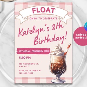 May include: Pink and white checkered birthday invitation with a cartoon illustration of a chocolate milkshake with whipped cream and a red and white straw. The text reads "Float On By To Celebrate Katelyn's 8th Birthday!" with the date and time of the party below.