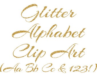 Gold Alphabet Clipart, Gold Glitter Letters, Numbers Clipart, Cursive Alphabet, Scrapbook Elements, Instant Download - DIMAGE0033