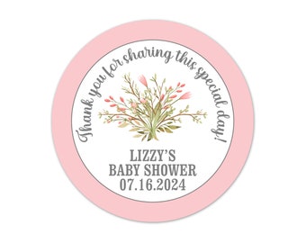 Personalized Baby Shower Stickers, Boho Wildflower Favor Labels, Custom Floral Thank You Seals Pink Girl Sprinkle Favor Tags - BB2