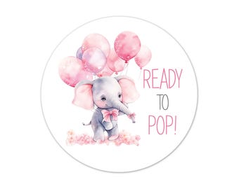 Elephant Baby Shower Stickers, Pink Balloons Ready to Pop Favor Labels