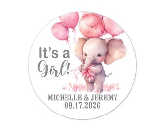 It’s a Girl Elephant Baby Shower Favor Stickers Personalized, Custom Round Labels for Baby Shower Decor - BB99