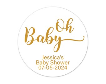 Oh Baby Shower Favor Labels, Personalized Faux Gold Stickers, Custom Elegant Chic Gender Neutral Sweet Treat Bag Circle Seals - BB81