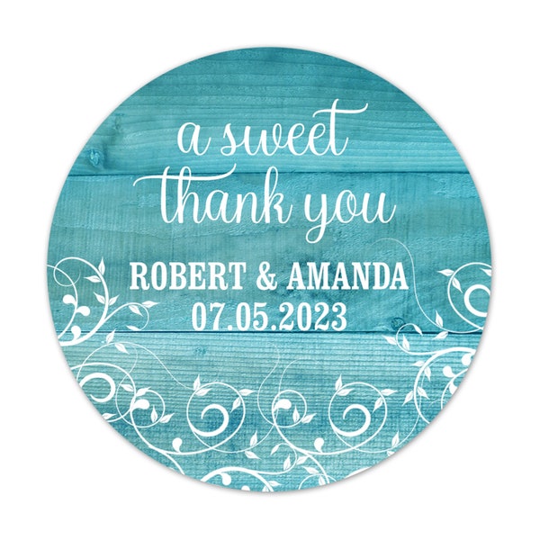 Teal Wedding Labels, Personalized Rustic Party Favor Thank You Stickers, A Sweet Thank You Candy Jar Cake Box Labels - WED42