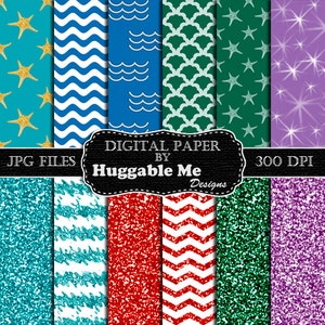 Digital Mermaid Scrapbook Paper, Printable Glitter Mermaid Paper, Digital Paper Pack, Instant Download Digital Glitter Paper - HMD00108