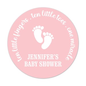 Personalized Pink Baby Shower Favor Stickers, Ten Little Fingers Ten Little Toes One Miracle Round Labels - BB21