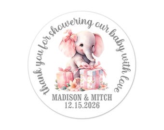 Personalized Elephant Baby Shower Favor Stickers, Custom Labels for Girl Baby Shower, Pink Elephant Thank You Stickers - BB96