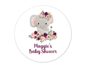 Personalized Elephant Baby Shower Stickers, Floral Favor Labels, Custom Burgundy Blush Rose Girl Sprinkle Thank You Tags - BB8