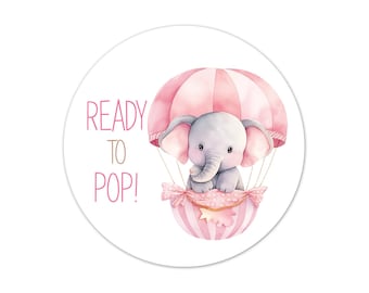 Ready to Pop Baby Shower Stickers, Pink Elephant Favor Labels, Girl Baby Shower Popcorn Stickers, Hot Air Balloon or Balloons Design