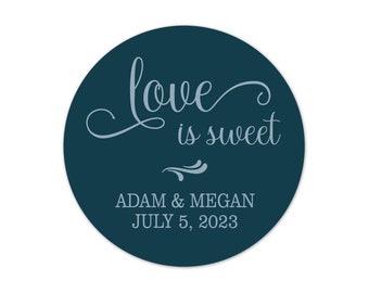 Love is Sweet Teal Labels, Personalized Wedding Favor Stickers - WED32