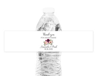 Custom Floral Wedding Favor Labels, Set of 20 Thank You for Being Here Waterproof Water Bottle Labels