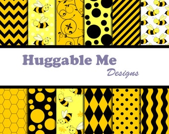 Bumble Bee Paper - Yellow & Black Chevron, Gingham, Busy Bee Themed Patterns Instant Download for Scrapbook, Card 12x12 - HMD00075