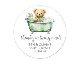 Thank You Beary Much Sticker Personalized, Gender Neutral Green Bear Baby Shower Favor Labels with Custom Text - BB61