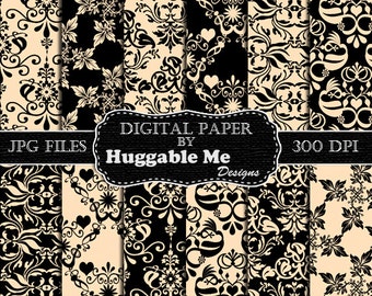 Digital Paper Pack, Damask Paper, Black and Cream Damask Scrapbook Paper, Digital Damask Wedding Paper, Instant Download - HMD00112