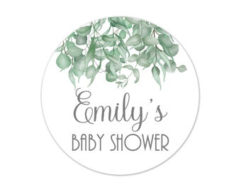 Baby Shower Favor Stickers Personalized, Eucalyptus Greenery Design Custom Labels, Elegant Thank You Seals - BB24