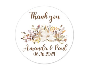 Personalized Brown Floral Thank You Stickers, Boho Wedding Favor Labels - WED132