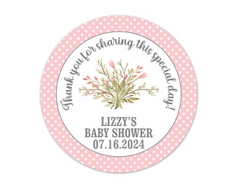 Pink Polka Dot Flower Stickers for Baby Shower Favors, Party Favor Labels, Baby Shower Thank You Stickers, Round Baby Shower Stickers - BB1