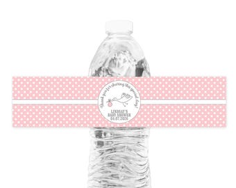 Personalized Pink Stork Baby Shower Water Bottle Labels, Custom Girl Shower Favors, Waterproof Bottle Wrapper