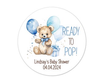 Ready to Pop Baby Shower Favor Stickers Personalized, Teddy Bear Boy Blue Stickers, Custom Treat Bag Labels - BB91