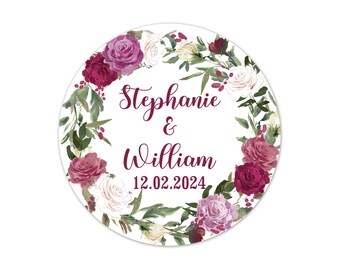 Burgundy Floral Wedding Favor Stickers, Personalized Thank You Labels - WED142