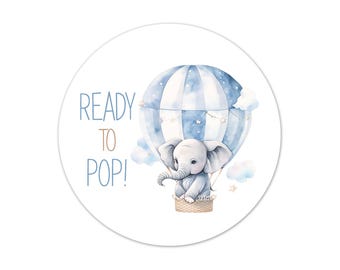 Blue Elephant Hot Air Balloon Baby Shower Stickers, Ready to Pop Favor Labels