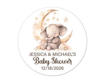 Baby Shower Favor Stickers Personalized, Elephant Custom Labels Moon and Stars, Gender Neutral Party Decor - BB111