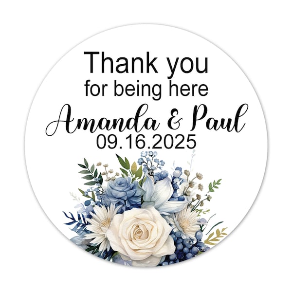 Custom Wedding Stickers, Blue Flower Bouquet Thank You for Being Here Labels, Shower Party Favor Sticker - WED163