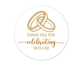 Wedding Favor Stickers, Thank You for Celebrating With Us Labels, Interlocking Wedding Rings Anniversary Party Favor Tags
